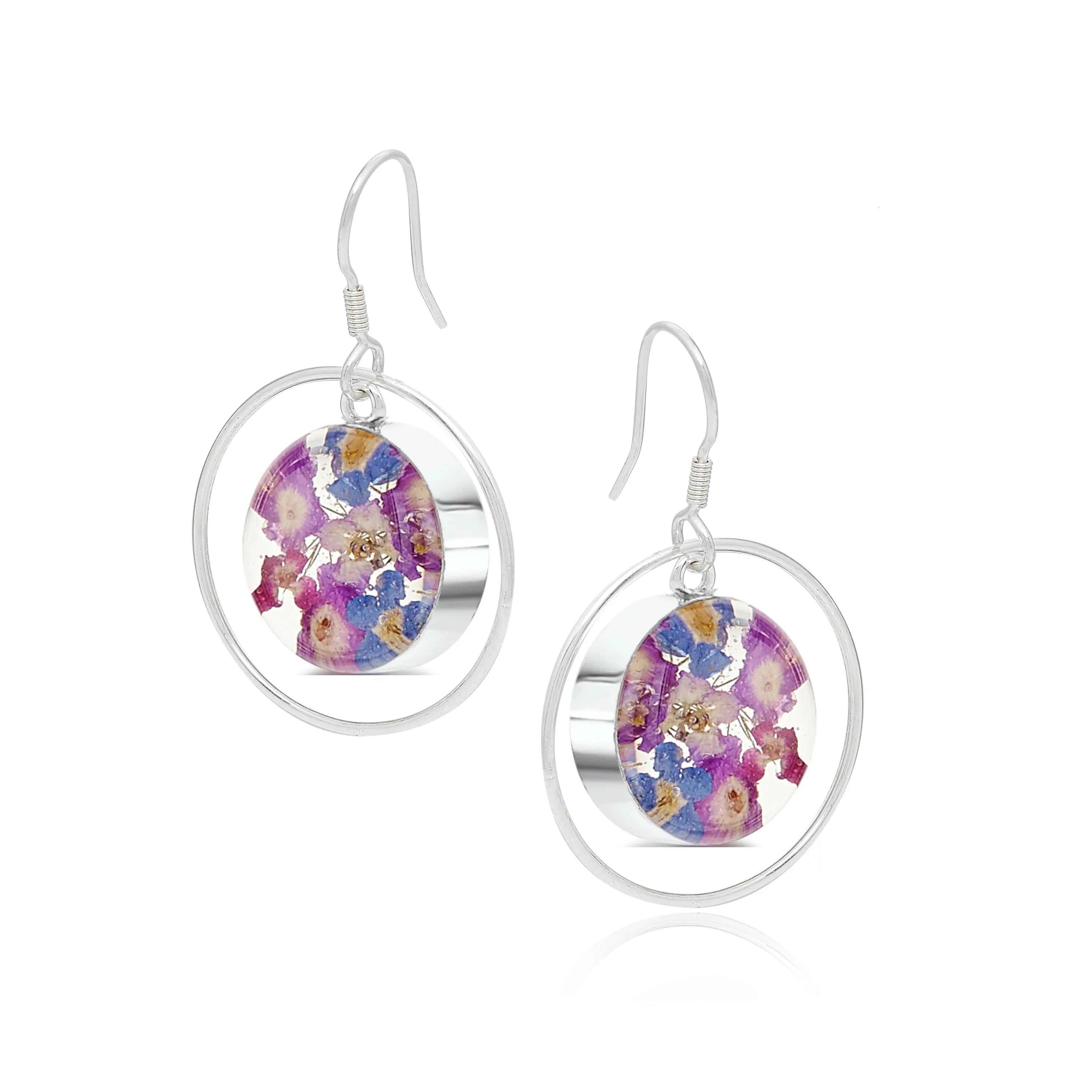 スターリングシルバー 本物の花 フープイヤリング – パープルヘイズコレクション