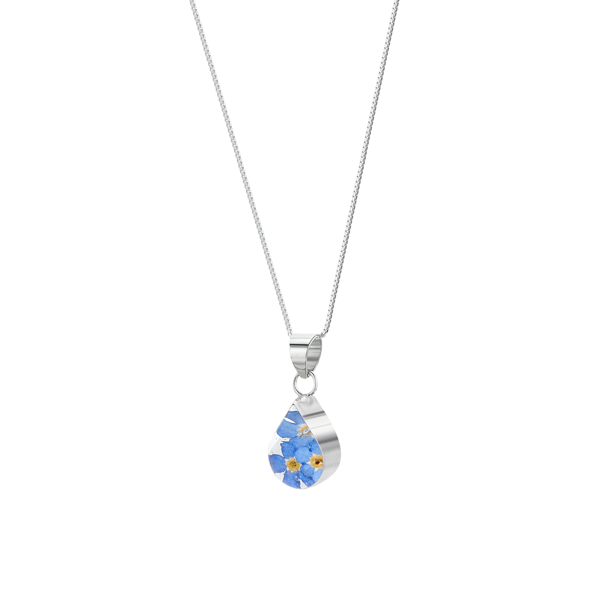 Collar con colgante de lágrima de nomeolvides en plata de ley