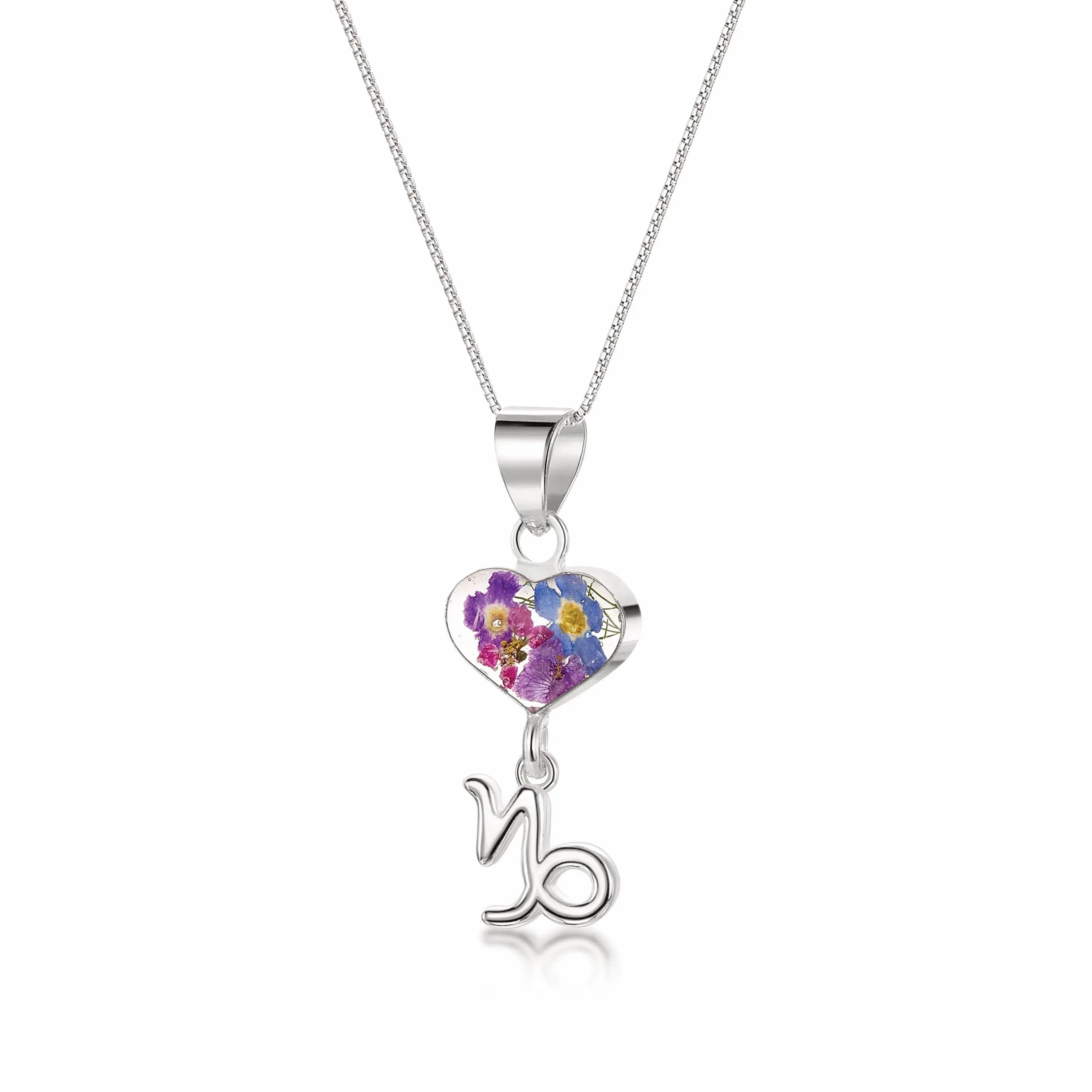 Capricorn Necklace - Sterling silver pendant with real flowers & a zodiac charm. More Options...