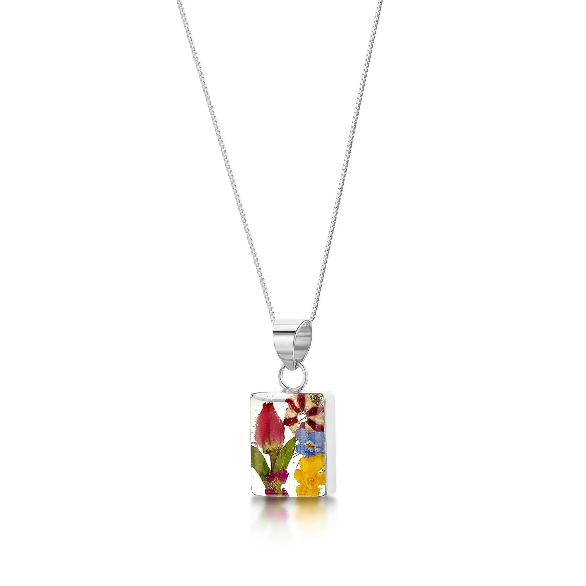 Real flower jewellery by Shrieking Violet® Sterling silver rectangle pendant necklace with real flowers including miniature rose & forget-me-nots.