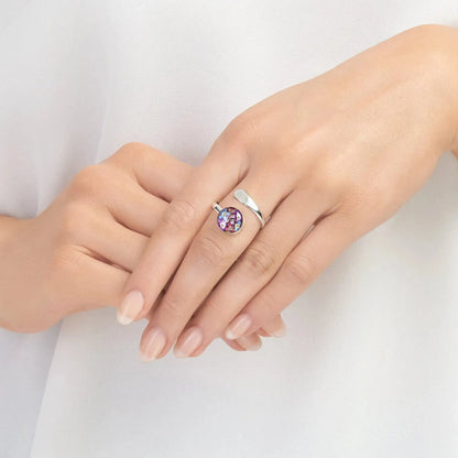 Anello regolabile in argento sterling fatto a mano con fiori di Verbena viola e Non ti scordar di me