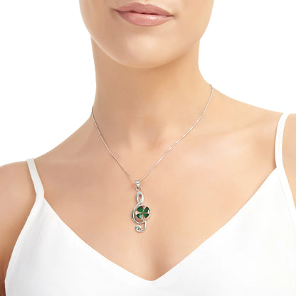 Sterling Silver Treble Clef & Real Four-Leaf Clover Pendant Necklace
