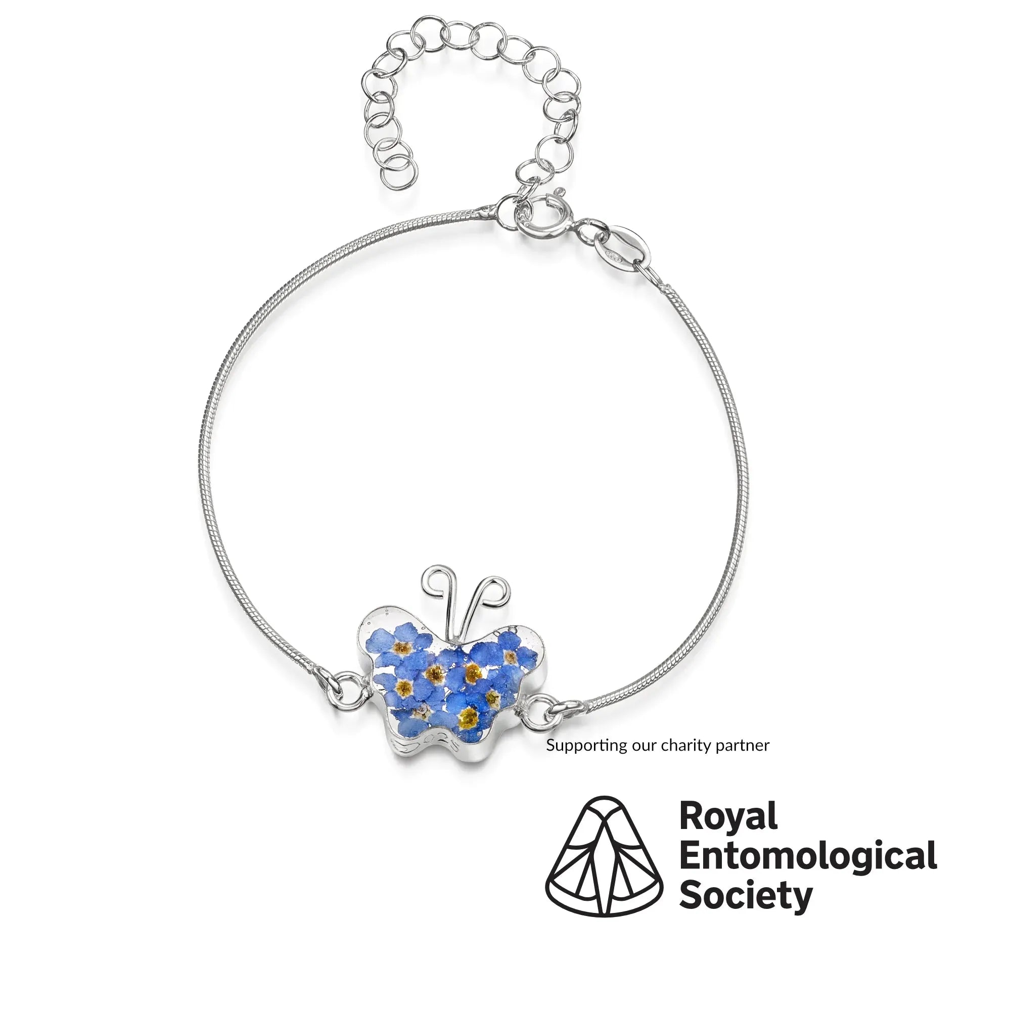 Bracciale a serpente in argento sterling con ciondolo a fiore - Non ti scordar di me - Farfalla