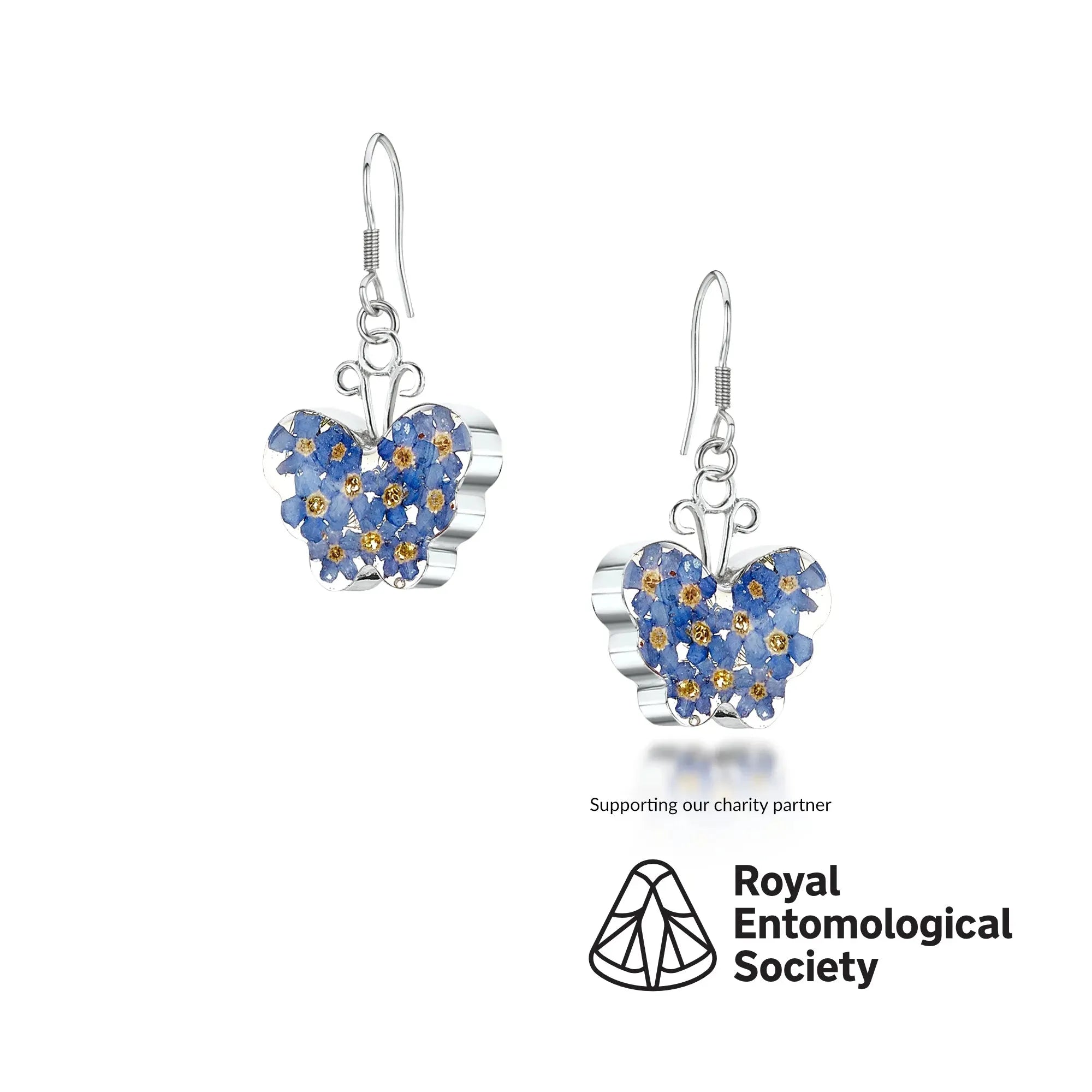 Orecchini a farfalla di Shrieking Violet® Orecchini pendenti in argento sterling con veri fiori di non ti scordar di me. Gioielli ideali per gli amanti delle farfalle