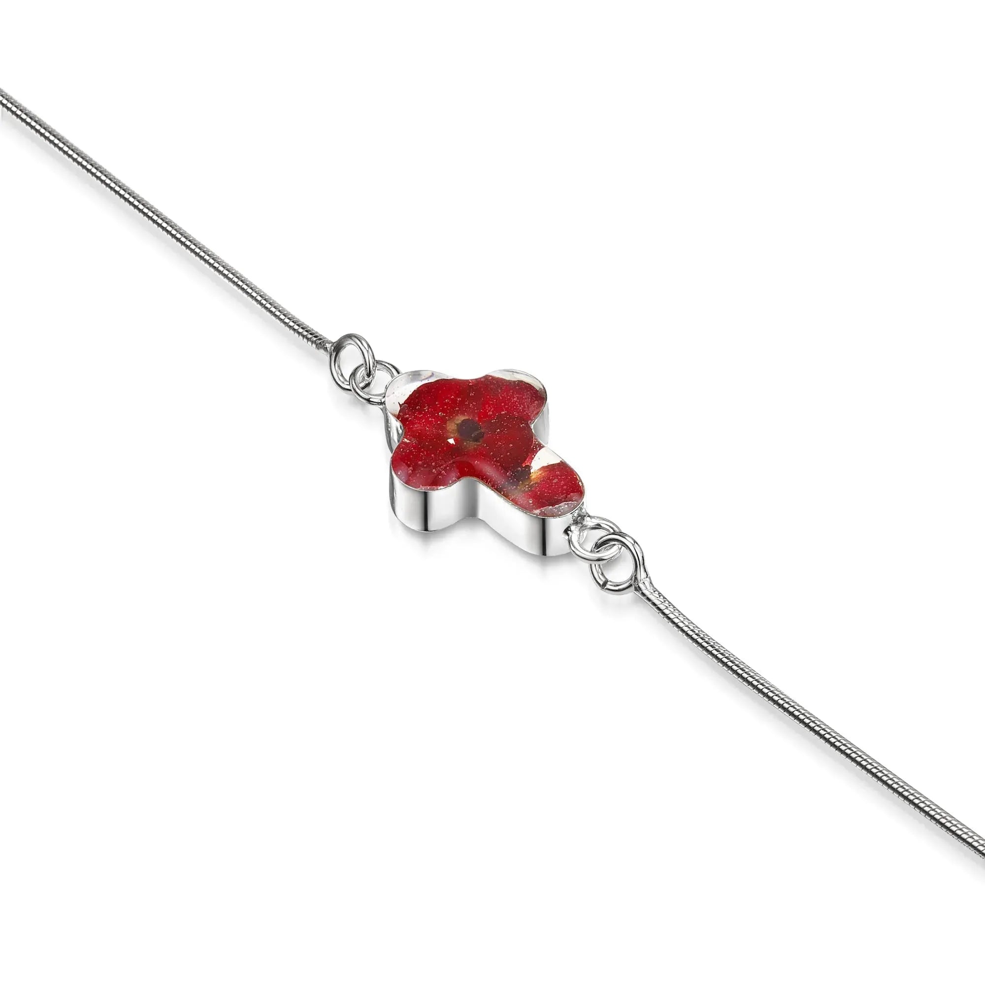 Zilveren Poppy Cross armband met de hand gemaakt met echte bloemen