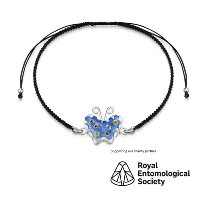 Zilveren zwart geweven armband met bloem bedel - Vergeet-mij-nietje - Vlinder